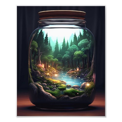 A jar of forest in a jar with a forest scene insid photo print