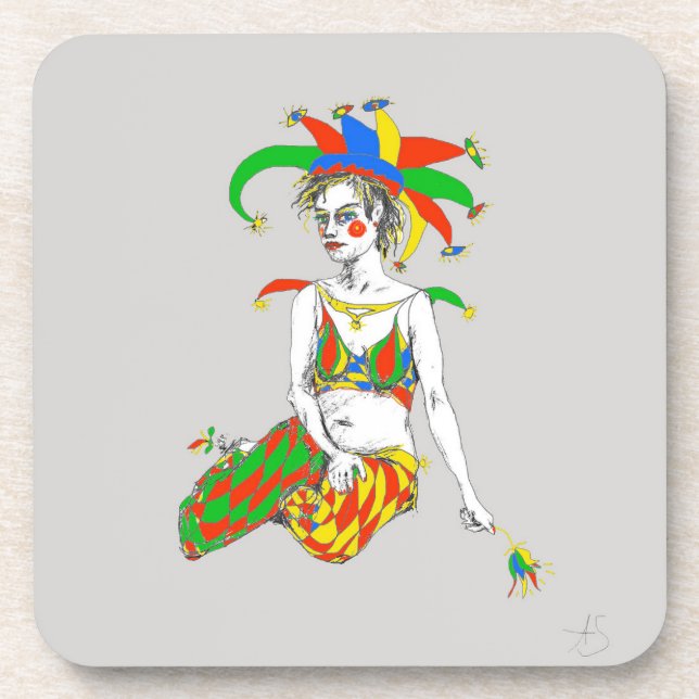 A jester beverage coaster (Front)