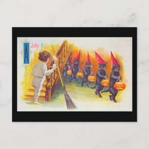A Jolly Halloween Black Cats with Pumpkins Vintage Postcard
