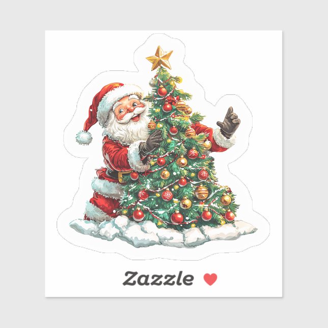 A Jolly Santa Joyfully Decorating a Christmas Tree Sticker (Sheet)