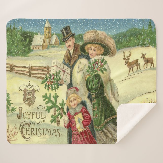 A Joyful Christmas Vintage Art Sherpa Blanket (Front (Horizontal))