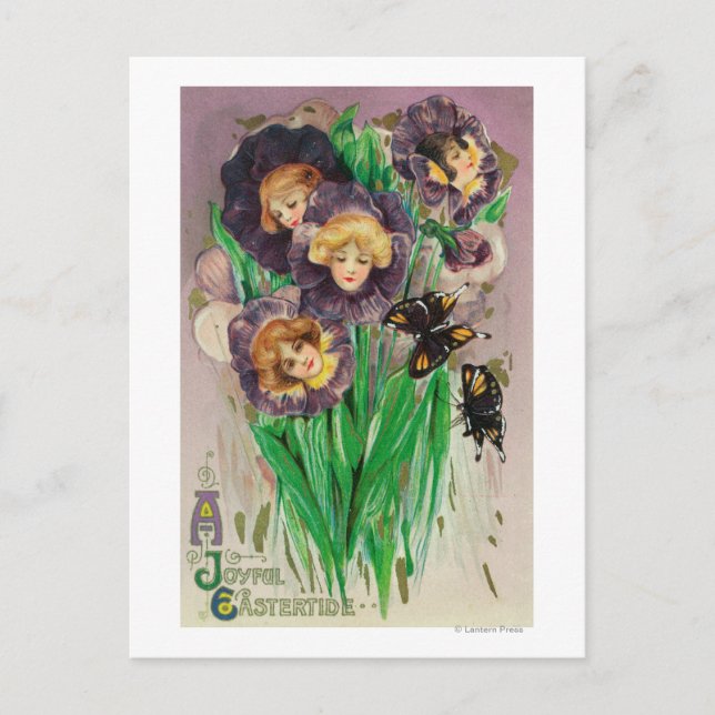 A Joyful Easter Violets with Women Heads Scene Holiday Postcard (Front)