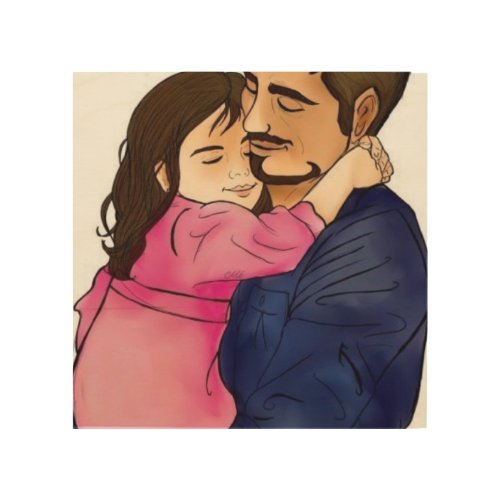 A Joyful Hug Father and Daughter in Cartoon Style Wood Wall Art