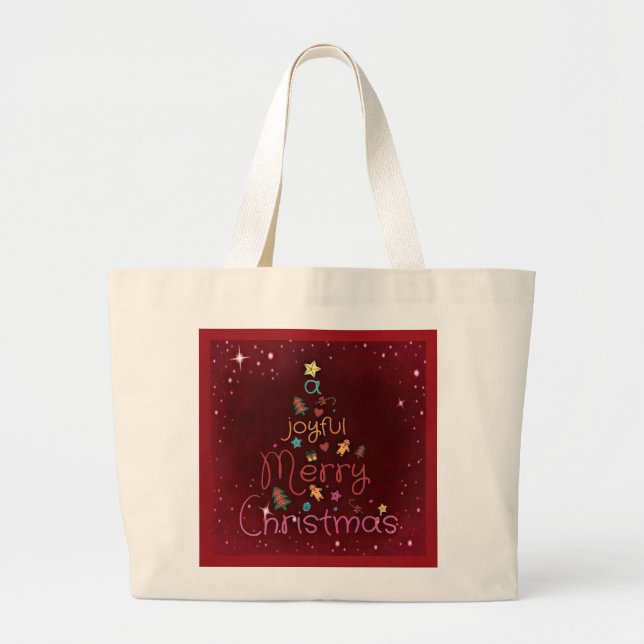 A Joyful Merry Christmas Greeting on Red Large Tote Bag (Front)
