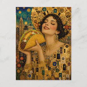 A Joyful Surreal Woman With Giant Taco Klimt Style Postcard