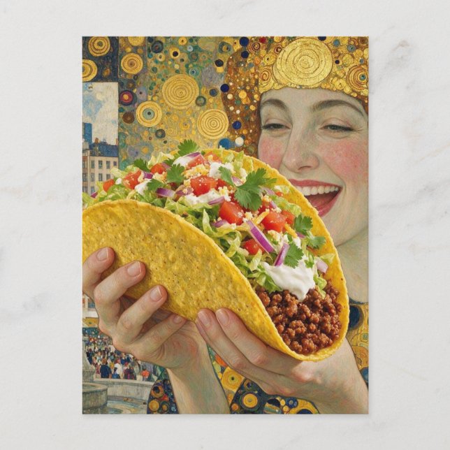 A Joyful Surreal Woman With Giant Taco Postcard (Front)