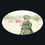 A Joyous Noel Oval Sticker<br><div class="desc">A beautiful vintage Regency fashion plate teamed with adorable vintage images of robins takes centre stage in this festive shabby chic romantic Jane Austen inspired collage.  © Wickedly Lovely</div>