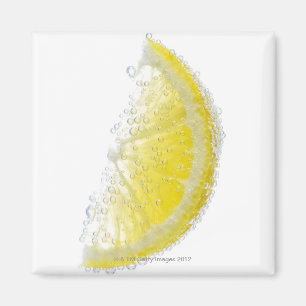 A juicy ripe organic lemon wedge fruit submerged magnet