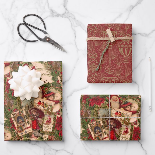 A Jumble of Victorian Holiday Postcards Wrapping Paper Sheets (Front)