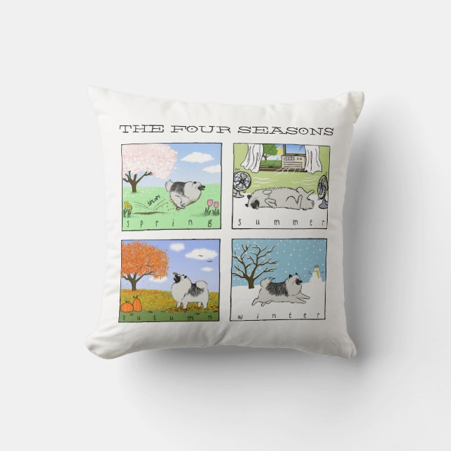 A Keeshond Enjoys the Four Seasons - Fun Dog Art Throw Pillow (Front)