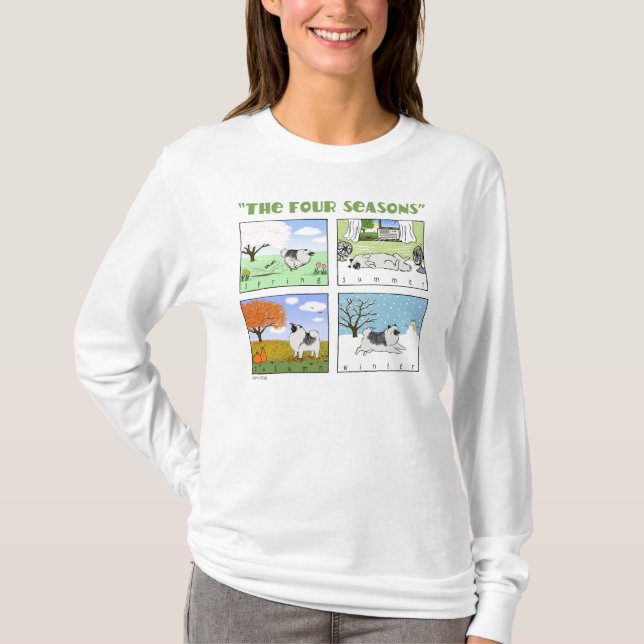 A Keeshond's Four Seasons | Cute Keesie Cartoon T-Shirt (Front)