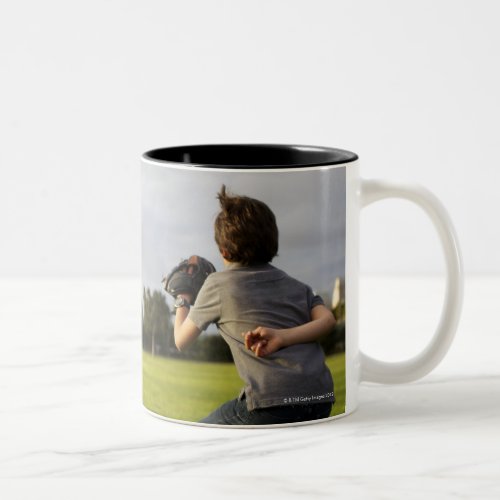 A kid wearing a baseball glove waits for his dad Two_Tone coffee mug