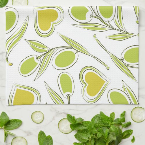 A kitchen towel with a vibrant olive branch print 