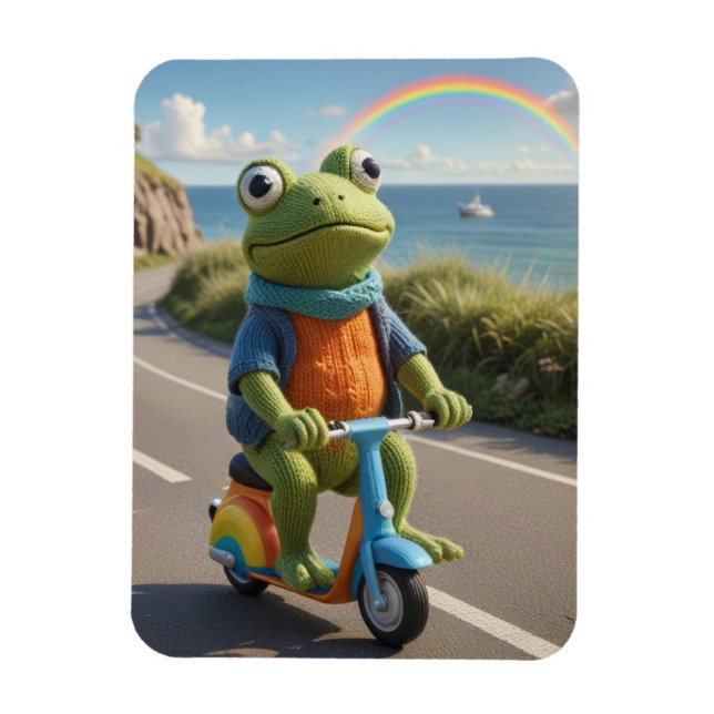 A knitted frog rides a scooter magnet (Vertical)