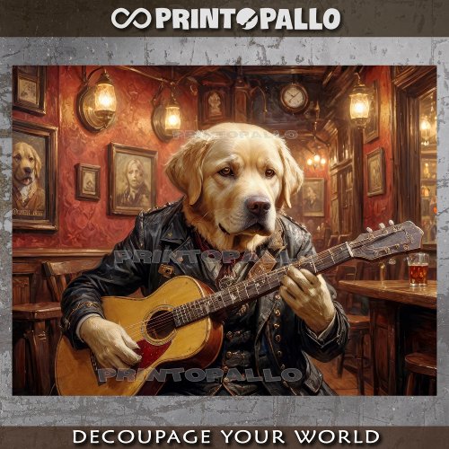 A Labrador dog playing guitar in a pub _  Tissue Paper