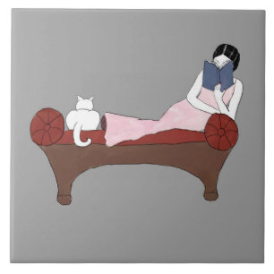 A Lady, A Cat and A Very Good Book Ceramic Tile
