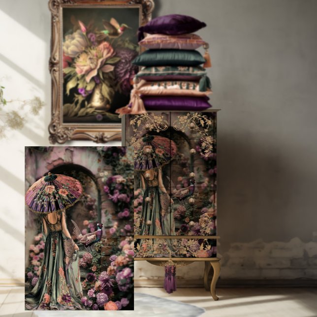 A Lady and a Pheasant, Chinoiserie, Portrait Art Tissue Paper (Elegant Lady with a Parasol and a Pheasant, Chinoiserie, Archway, Floral Courtyard, Decoupage)