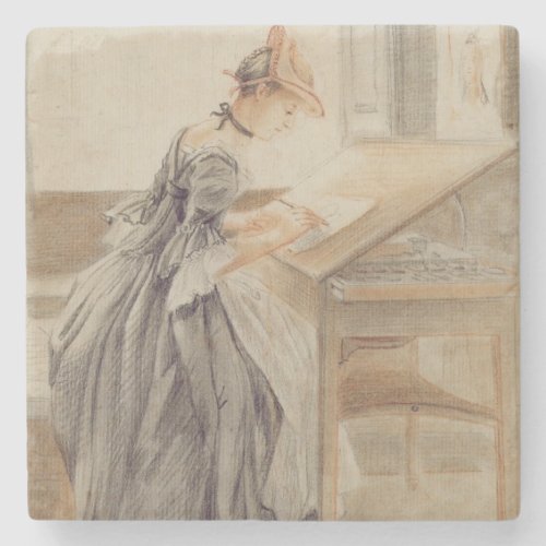 A Lady Copying at a Drawing Table c1760_70 grap Stone Coaster