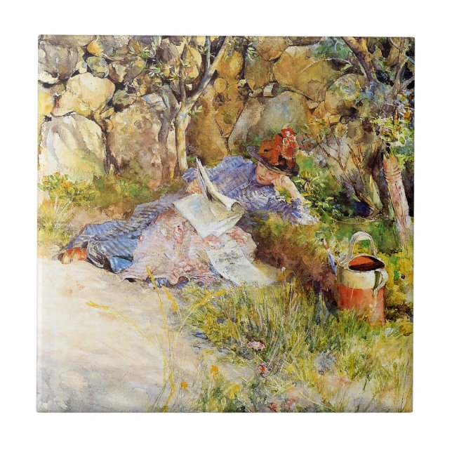 A Lady Reading a Newspaper by Carl Larsson Ceramic Tile (Front)