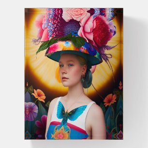 A lady with a floral sun hat paperweight