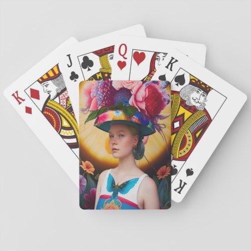A lady with a floral sun hat playing cards