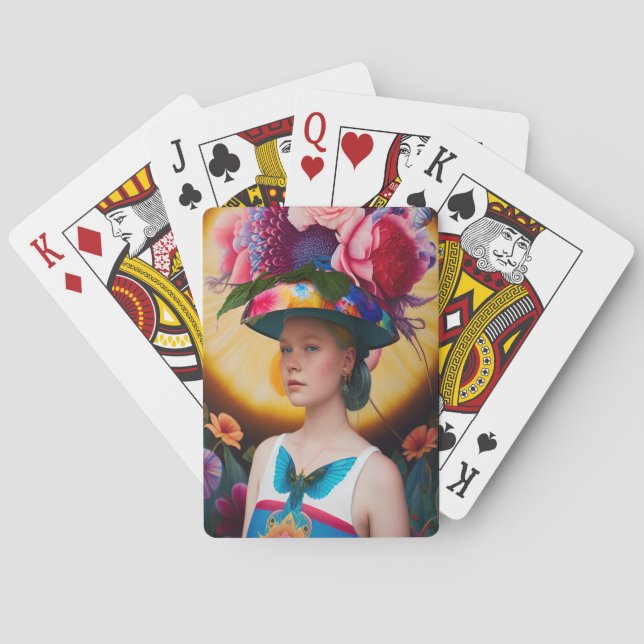 A lady with a floral sun hat poker cards (Back)