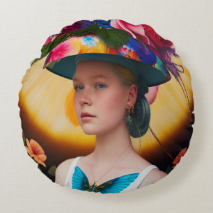 A lady with a floral sun hat round pillow