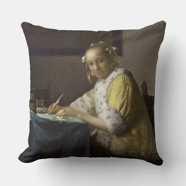 A Lady Writing, c. 1665 (oil on canvas) Throw Pillow (Front)