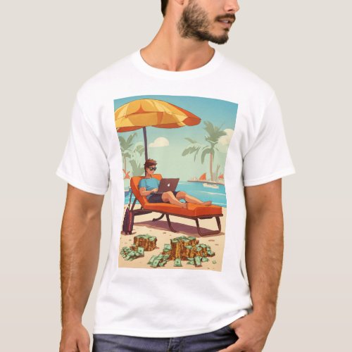 A laid with a laptop lying on a beach design  T_Shirt