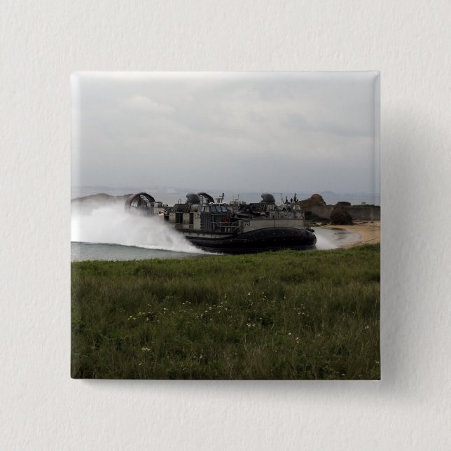 A landing craft air cushion comes ashore pinback button (Front)