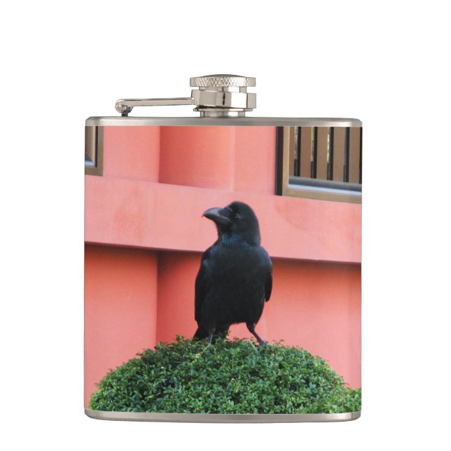 A Large-Billed Jungle Crow A Perch On A Cloud Tree Flask (Front)