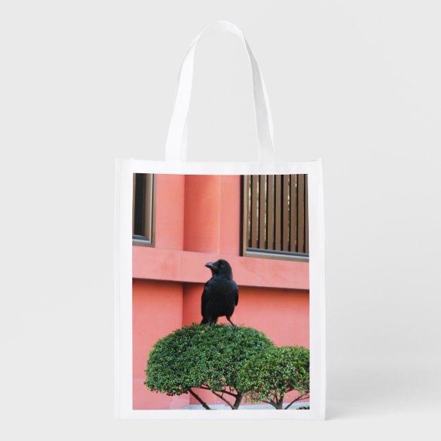 A Large-Billed Jungle Crow A Perch On A Cloud Tree Grocery Bag (Front)