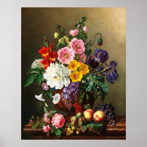 A Large Bouquet of Flowers with Peaches and Grapes Poster