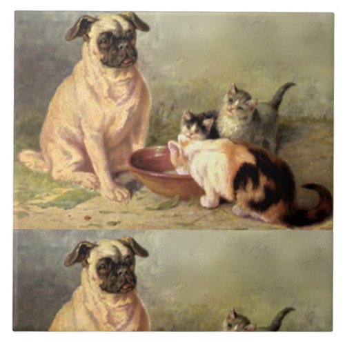 A large ceramic tile painting dog with kittiesl