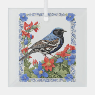 A Lark Bunting Surrounded by Colorado Columbine Glass Ornament