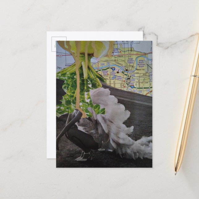 A Leafy UFO Comes For Her Mixed Media Collage Postcard (Front/Back In Situ)