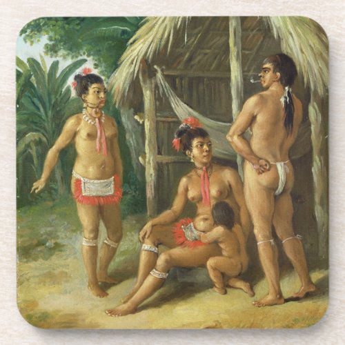 A Leeward Islands Carib Family outside a Hut c17 Drink Coaster