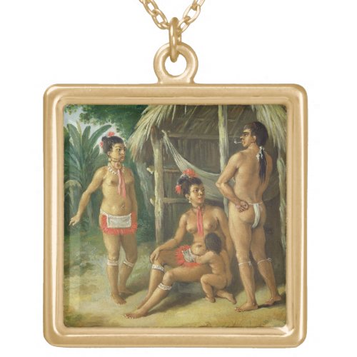 A Leeward Islands Carib Family outside a Hut c17 Gold Plated Necklace