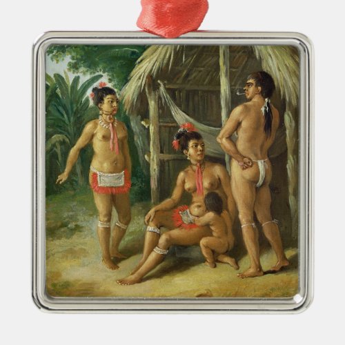 A Leeward Islands Carib Family outside a Hut c17 Metal Ornament