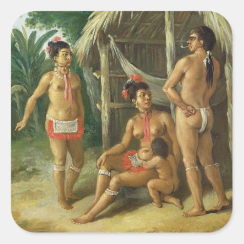 A Leeward Islands Carib Family outside a Hut c17 Square Sticker