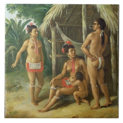 A Leeward Islands Carib Family outside a Hut c17 Tile