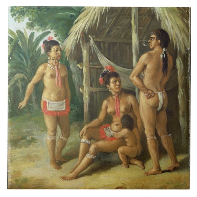 A Leeward Islands Carib Family outside a Hut, c.17 Tile (Front)
