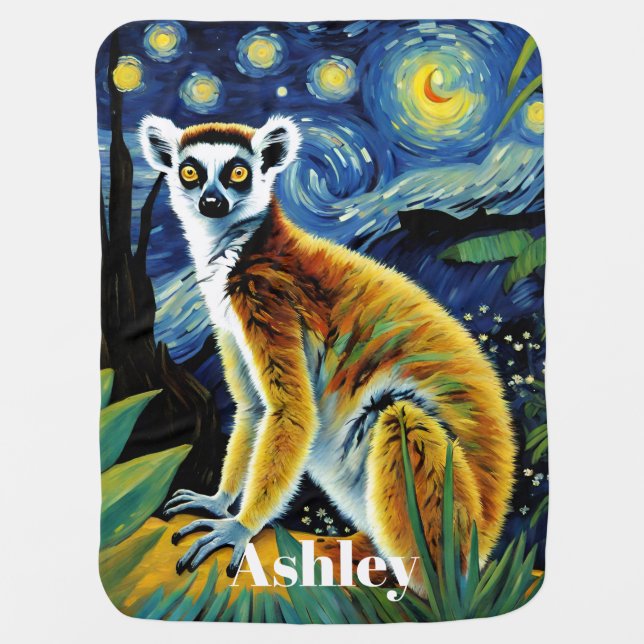 A Lemur in the Starry Night Baby Blanket (Front)