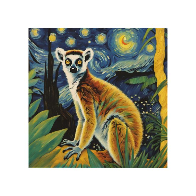 A Lemur in the Starry Night Wood Wall Art (Front)