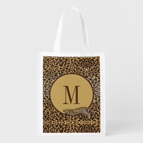 A Leopard on a leopard pattern background Brown Grocery Bag