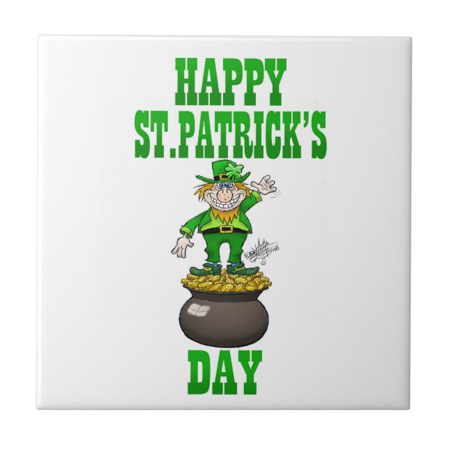 A Leprechaun standing on a pot of gold. Ceramic Tile (Front)