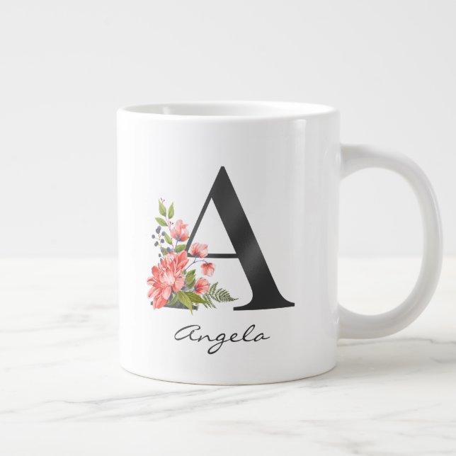 A Letter Black Monogram Floral Red Purple Greenery Giant Coffee Mug (Right)
