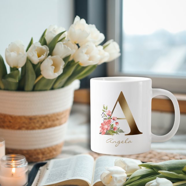 A Letter Gold Monogram Floral Red Purple Greenery Giant Coffee Mug (Creator Uploaded)