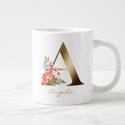 A Letter Gold Monogram Floral Red Purple Greenery Giant Coffee Mug