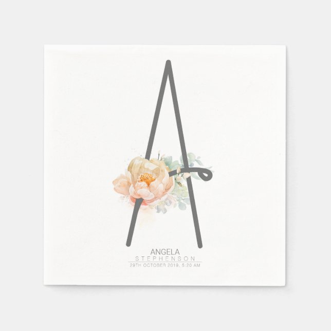 A Letter Monogram Blush Peach Floral CR Napkins (Front)
